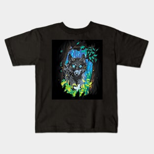 Black Wolf with Glowing Blue Eyes in the Forest Kids T-Shirt